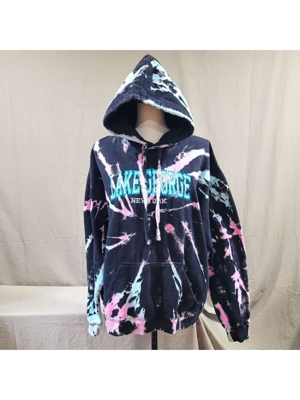 Dreamsicle Lake George Pink/Blue/Black Reverse Tie-dye Pullover/ Hoodie Sz Large